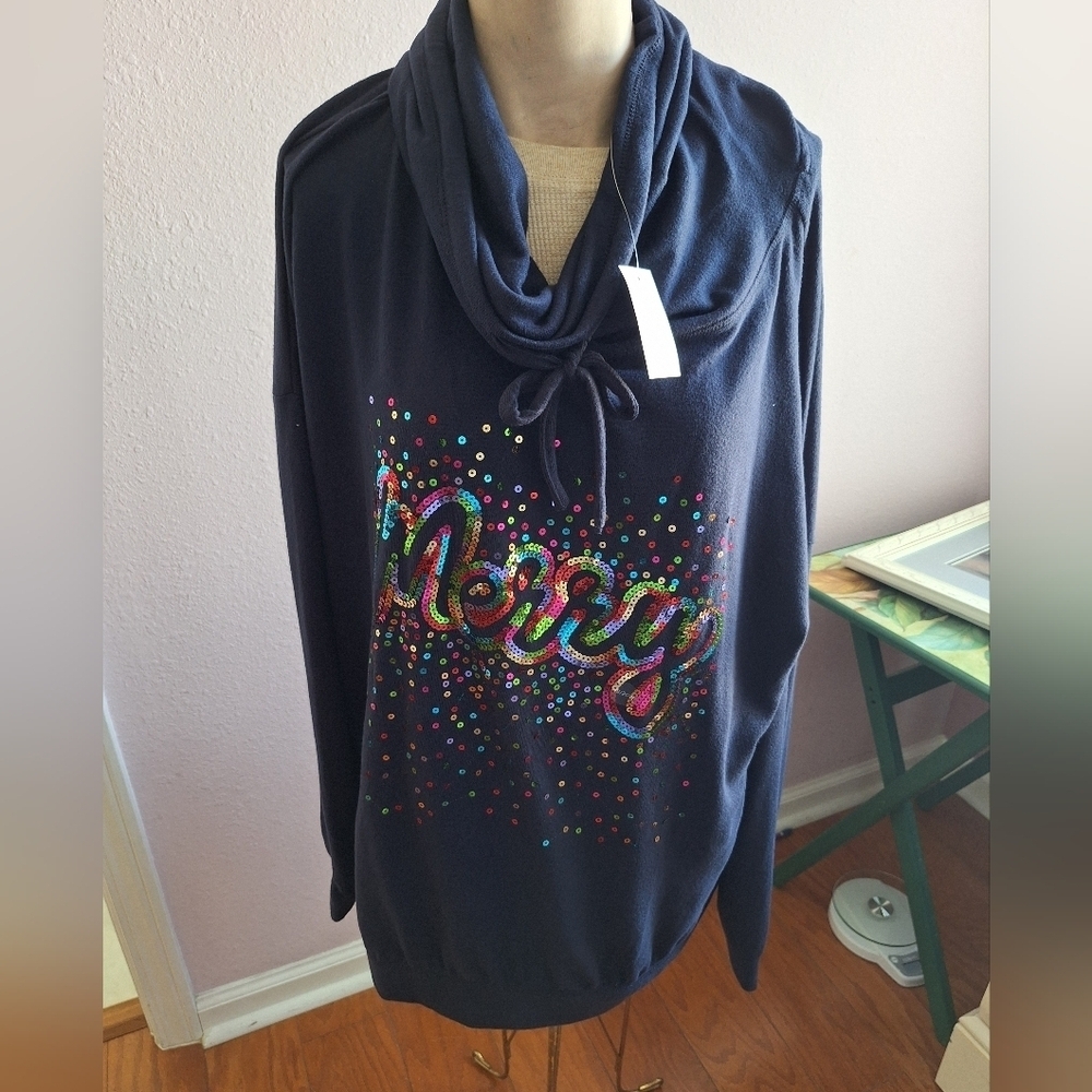Navy Hoodie with Colorful Christmas Sequin Design